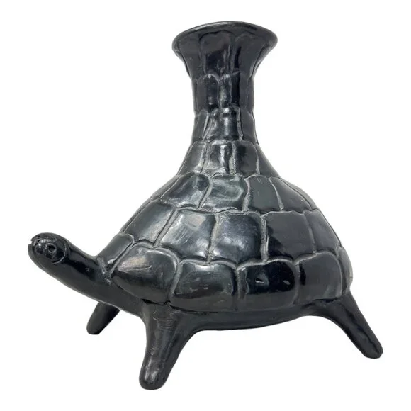 Barro Negro de Oaxaca Handmade Black Mexican Clay Tortoise VNTG Vase 7" H x 8" W - Picture 4 of 8